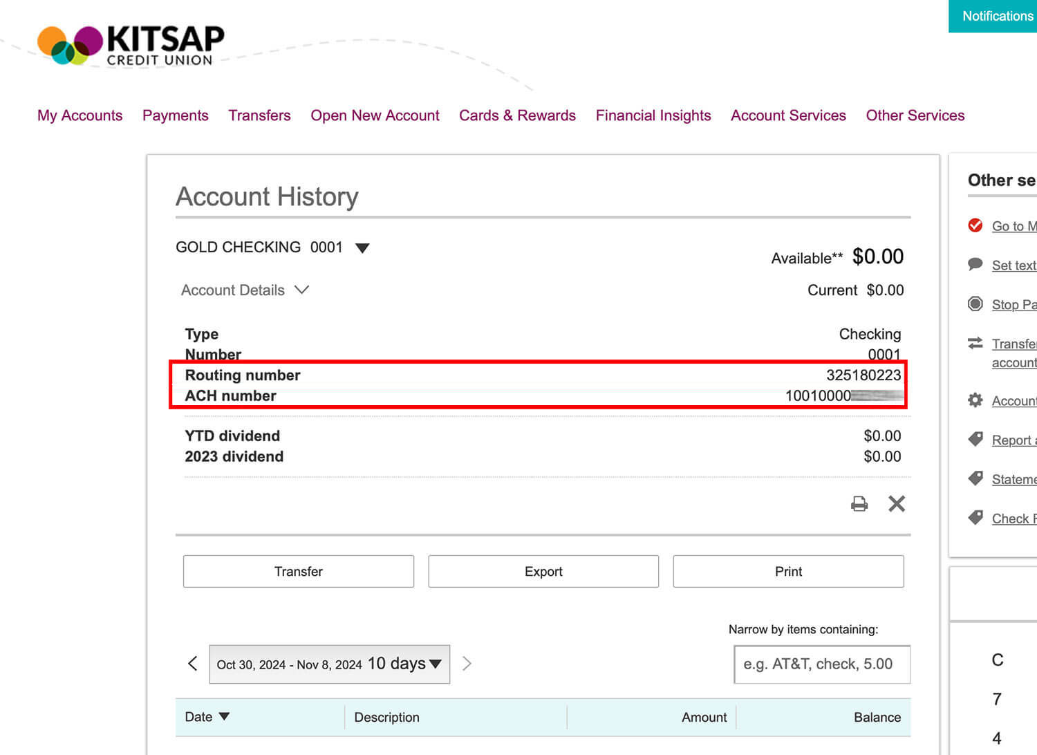 Screenshot of an online banking interface showing the first step to locate the routing and savings number.